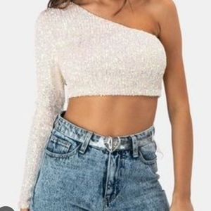 NEW Adika Holographic Sequin One Shoulder Crop Top XS